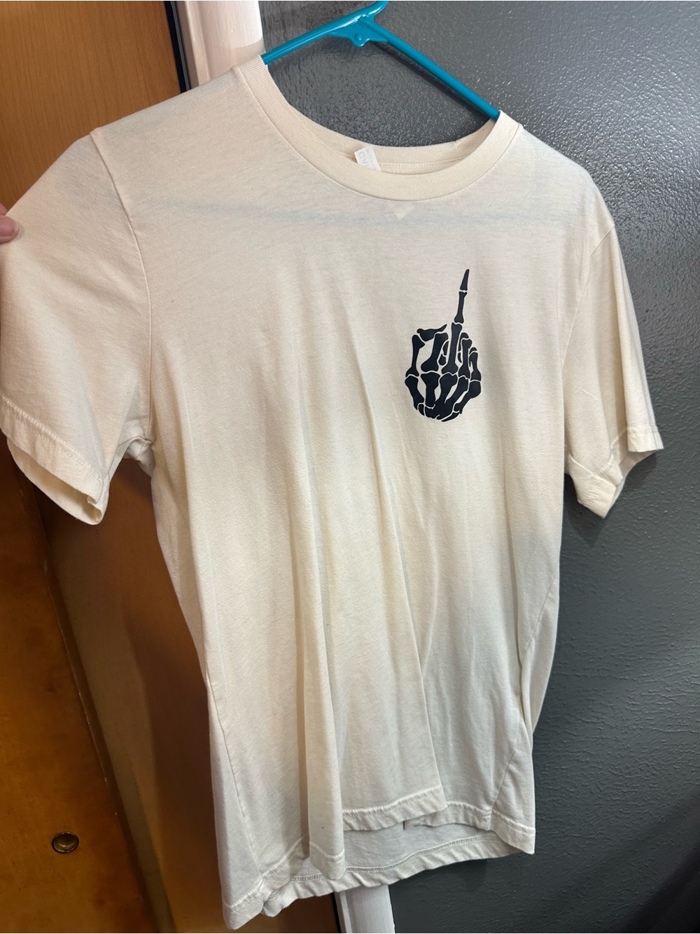 Gildan Cream Tee with Black Skeleton Middle Finger Graphic